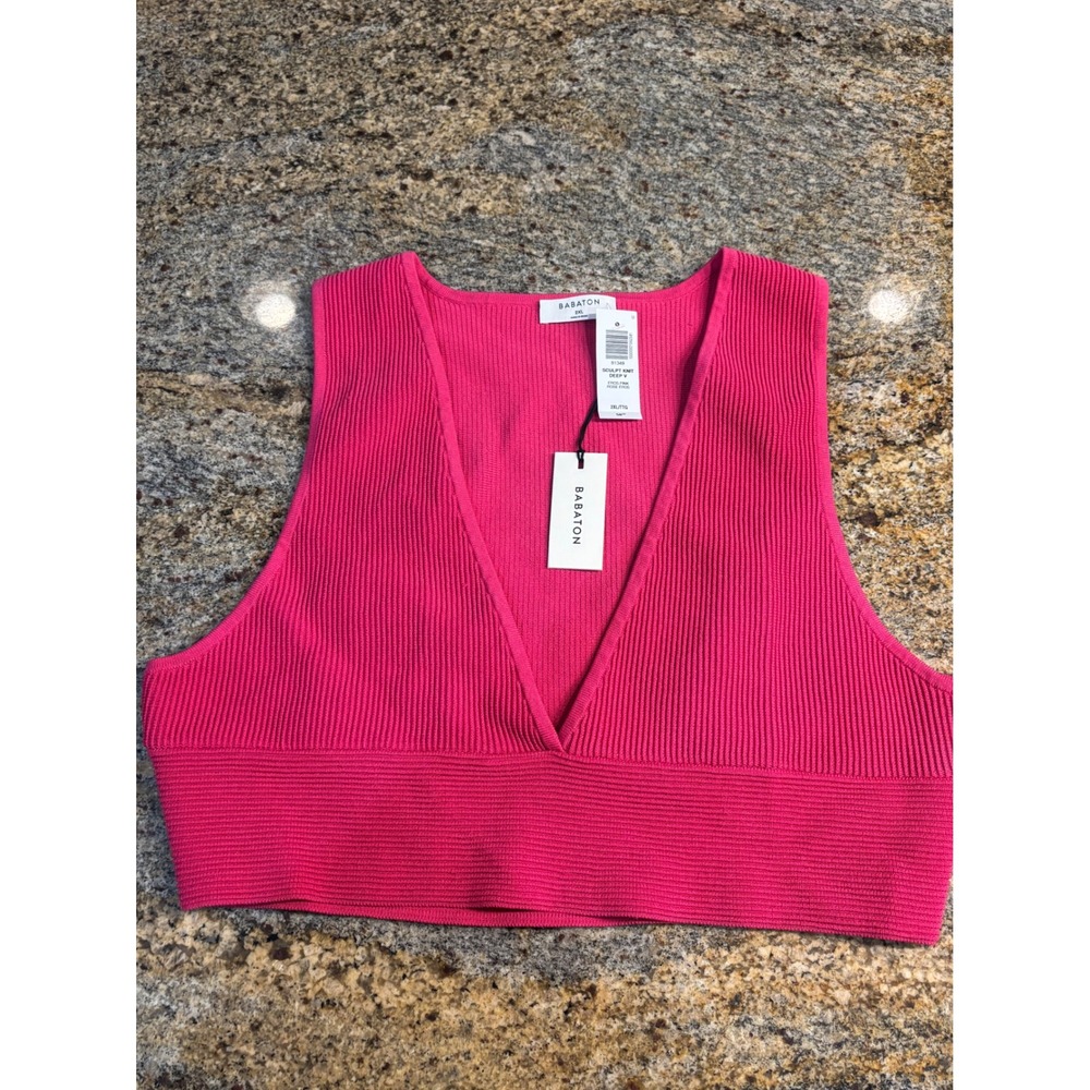 NWT Babaton Sculpt Knit Deep V Sleeveless‎ Ribbed Crop Top Bra Eros Pink 2XL